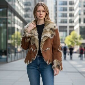 NWOT Fabulous Furs Faux Fur Suede Jacket Brown Statement Coat Size M